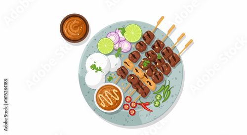 Grilled meat skewers served with fluffy white rice, rich peanut sauce, fresh lime, and spicy chilies on a plate, alongside an extra sauce bowl.