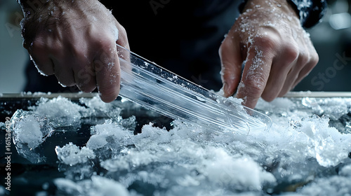 Close-up of hands using a tool to carefully remove ice.  Hands manipulate a plastic tool, breaking apart ice on a dark surface.  A close view of the process