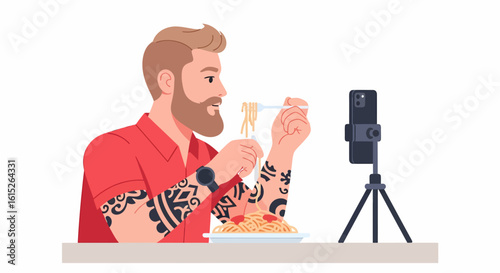 A bearded man with tattoos films himself eating spaghetti, recording a food vlog or mukbang with a smartphone.
