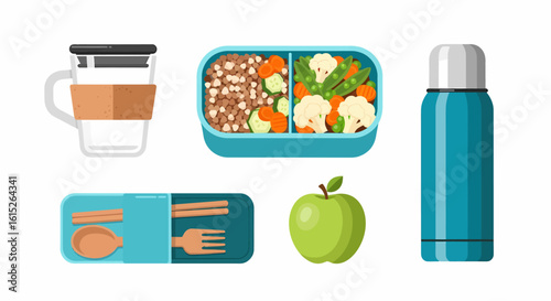 A zero-waste lunch set with a bento box of healthy food, a reusable cup, thermos, and apple.