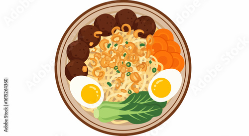 An overhead view illustration of a bowl of Asian noodles with meatballs, boiled eggs, carrots, and bok choy.