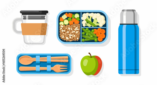 Colorful flat lay of a healthy lunchbox set, including containers, thermos, utensils, and an apple.