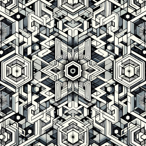 Geometric black and white pattern with intricate shapes and lines  