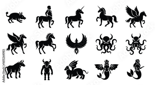 Vector silhouette illustration mythical creatures silhouette collection featuring a horse, phoenix, and dragon