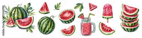 Set of juicy watermelon slices, whole melons, smoothie jar, popsicle, and leaves. Bright, colorful summer design perfect for food, fruit, or seasonal themes