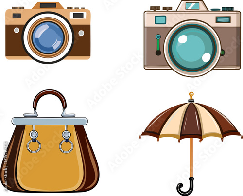 An assortment of illustrated photography and travel themed items, including cameras, a handbag and umbrella.