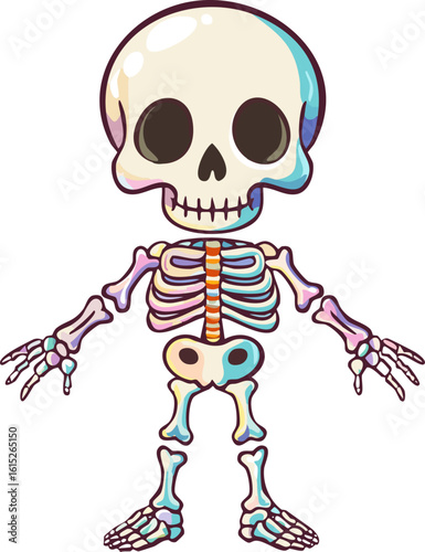 A cute cartoon skeleton in standing position showing all skeletal structures