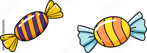 Two colorful candies with striped wrappers, offering a sweet and appealing visual