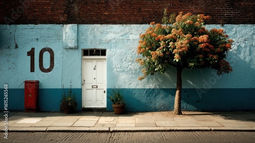 Urban facade featuring house number, letterbox, tree and weathered texture
