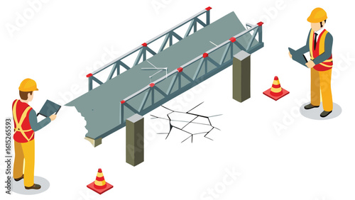 Isometric illustration of a damaged bridge being inspected by two construction workers with clipboards