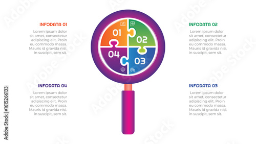 4 Steps Gradient Magnifying Glass Puzzle Infographic Element. Modern and clean design for presentations, reports, and web