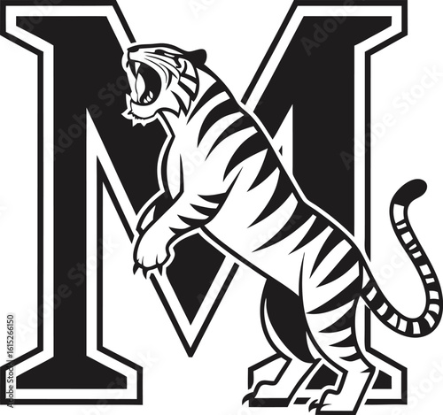 Vector art of a striking tiger illustration with bold stripes standing in front of a letter m design