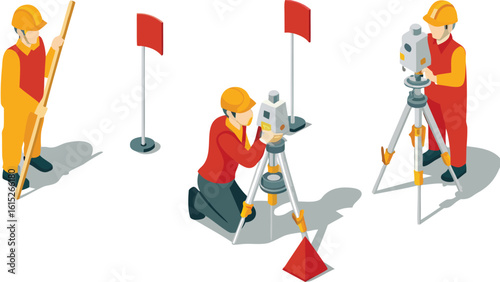 Isometric view of surveyors working with equipment and flags on a construction site outdoors scene