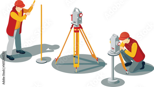 Isometric view of surveyors using theodolites and leveling rods for land surveying project work site