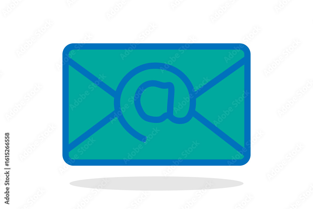 The image shows a stylized icon of an envelope in teal color with a bold blue outline. In the center of the envelope is a large blue The image shows a stylized icon of an envelope in teal color with a bold blue outline. In the center of the envelope is a large blue