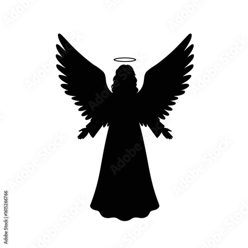 Silhouette of angel with wings spread and halo above
