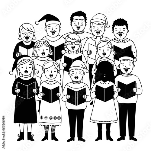 Illustration of a christmas choir singing carols silhouette