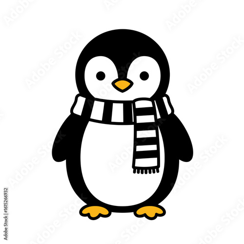 Cartoon penguin wearing a striped winter scarf cute silhouette