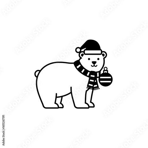 Polar bear wearing santa hat and striped scarf cute silhouette