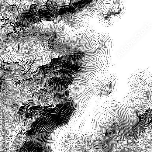 Detailed topographic map illustration showing contour lines and elevation changes in black and white style