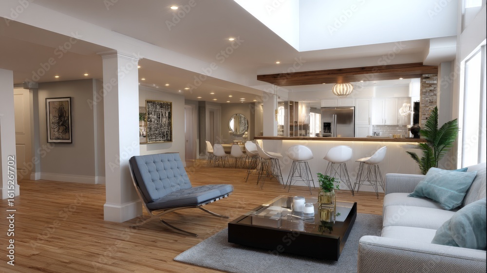 Fototapeta premium Modern open-concept living room and kitchen with elegant decor and seating