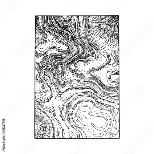 Abstract topographic map illustration with contour lines in black and white showing elevation changes