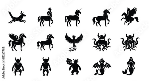 Vector silhouette illustration mythical creatures including a horse, a phoenix, and a dragon in black silhouette