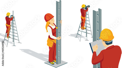 Construction workers installing metal beams on a construction site with ladders and safety equipment