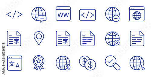 Digital technology icons representing coding language translation location awards currency and search