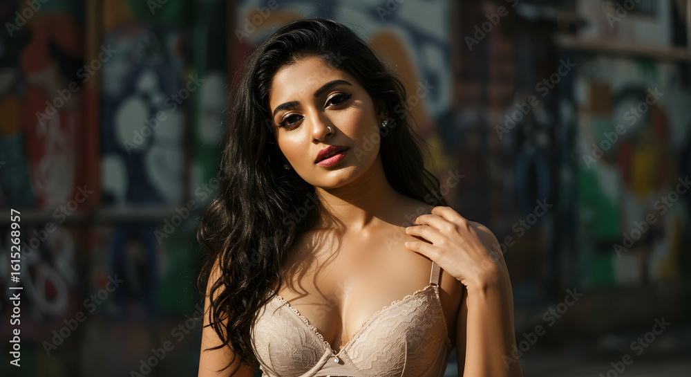 Fototapeta premium Beautiful Woman Posing in front of Graffiti Wall