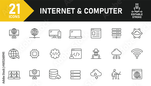 Internet and Computer line icon set. Set of 21 outline icons related to internet, computer, network, online, website, server, software, hardware and others. Editable stroke. Vector illustration.