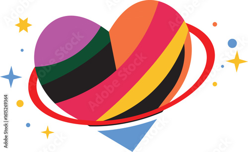 Colorful heart with rings spinning in a cosmic dance filled with stars and joy