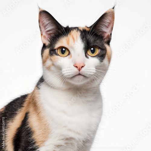 Elegant Calico Cat Portrait: A stunning calico cat with striking markings and mesmerizing golden eyes, exudes an air of regal elegance. A true feline beauty.