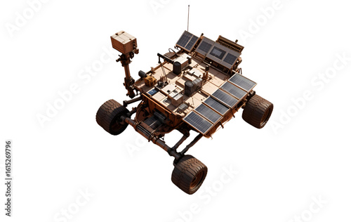 Mars rover vehicle with robotic arms, solar panels, red dust effects, top-down render with transparent background.
