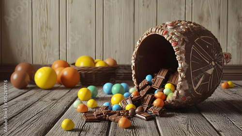 Chocolate Easter basket overflowing with candy and chocolate pieces on wooden floor, beside colorful eggs
