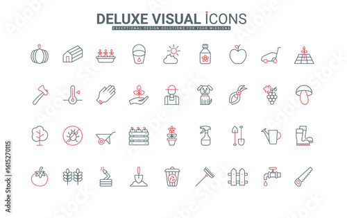 Farm garden equipment and harvest line icons set. Farmers tools, eco fertilizer, barn and greenhouse to care and grow agriculture plants thin black and red outline symbols, vector illustration