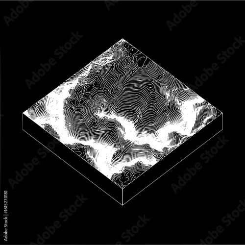 Isometric view of a topographic map with contour lines on a square platform in black and white style