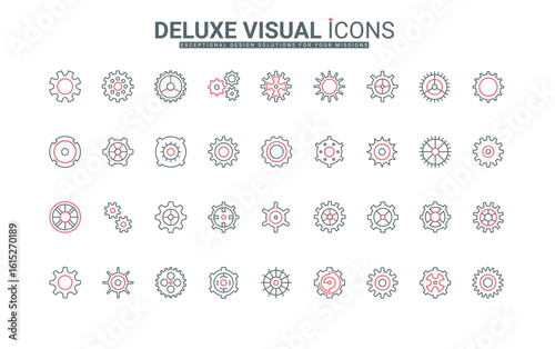 Gears and cogwheels thin black and red line icons set vector illustration. Outline collection of different large and small metal wheels with sprocket and cogs for engine, progress and settings symbol
