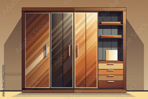 vector of Stylish and modern wall closet with modern handle and modern closed door designed in wood color. For newly built houses. Light background.