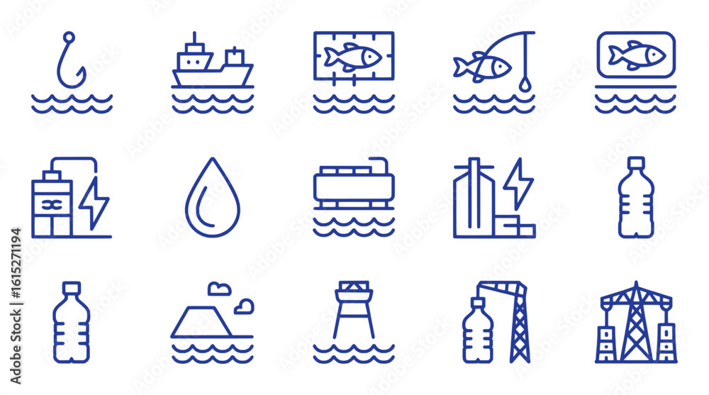 Fototapeta premium Fishing boat water drop energy power tower bottle collection vector silhouette