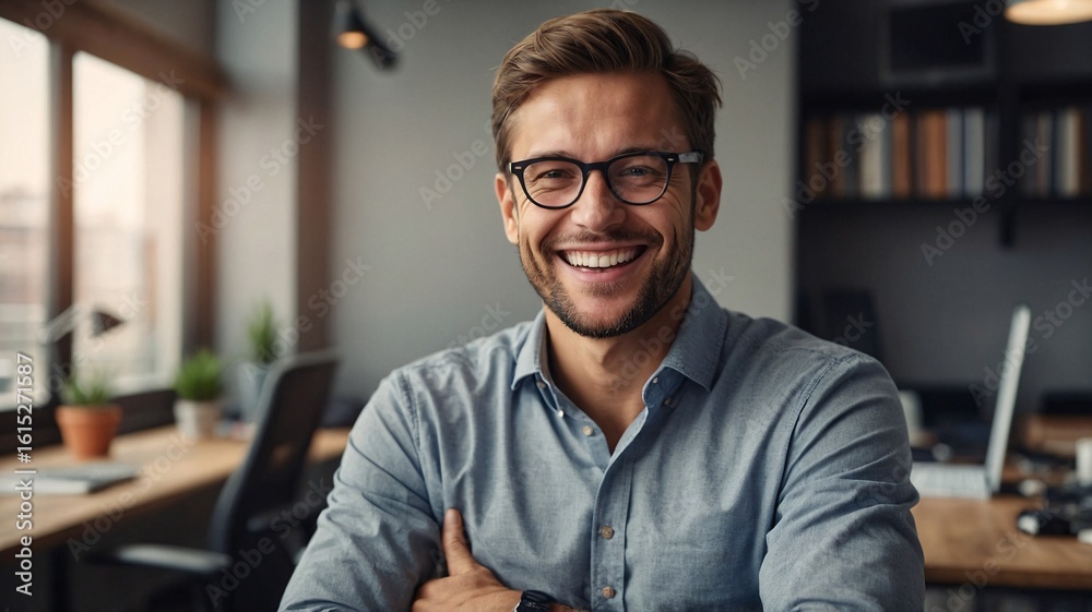 Obraz premium Smiling young man with glasses in a modern office setting, exuding confidence and professionalism.