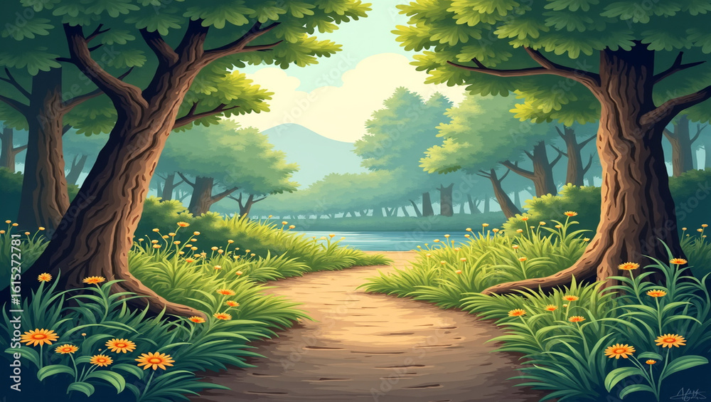 Naklejka premium Serene nature trail with wildlife habitat