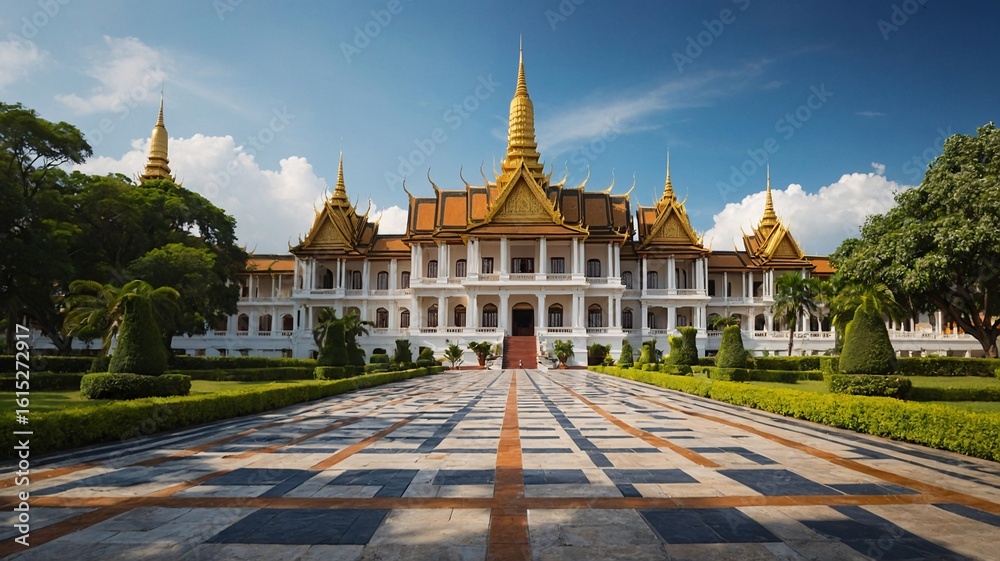 Naklejka premium A majestic view of a grand temple showcasing intricate architecture under a bright blue sky.