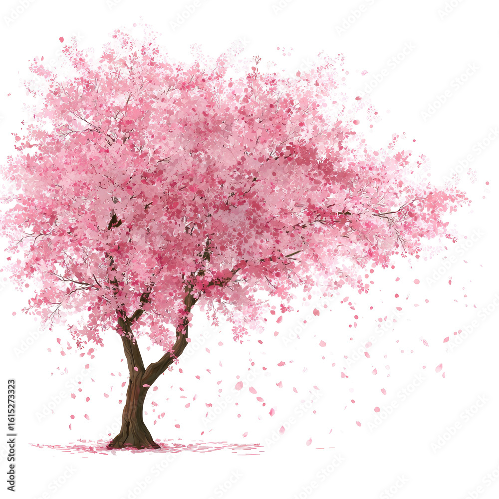 Obraz premium Lush pink cherry blossom tree, full bloom. Many petals fall
