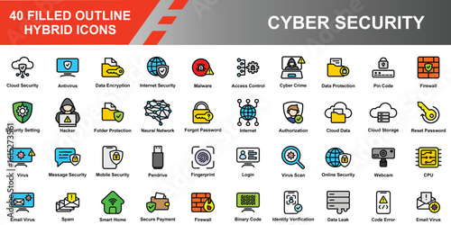Cyber Security Icons – 40 Filled Outline Hybrid Icons for Digital Protection, Internet Safety, and Data Security