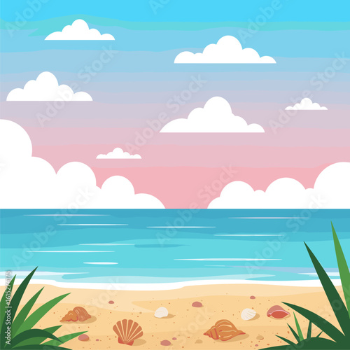 Idyllic Tropical Beach Sunset Landscape with Ocean, Sand, Seashells, and Colorful Sky