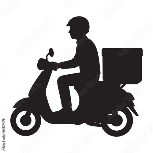 Silhouette vector illustration of a delivery courier on a motor scooter. Recovered eps design graphic of a rider.