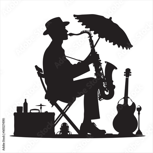 Silhouette of a street musician playing the saxophone under an umbrella. A vector illustration of a busker with a guitar and case.