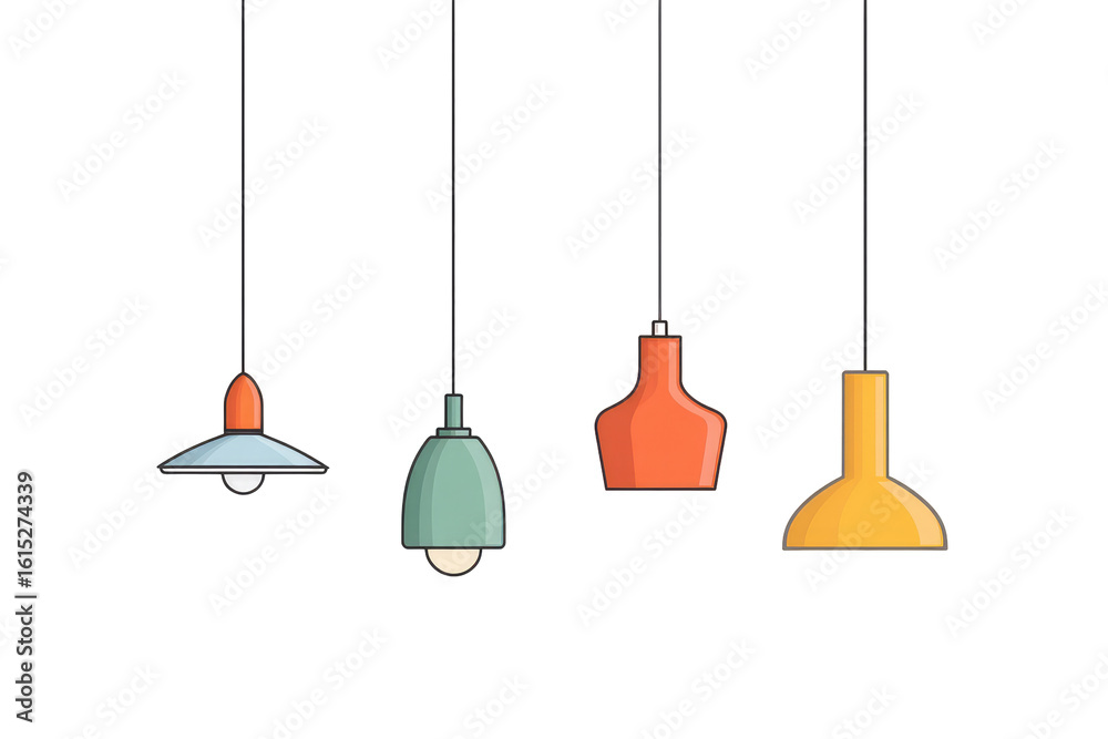 Naklejka premium Four colorful pendant lamps hanging from strings against a dark background. Each lamp has a different shape and color