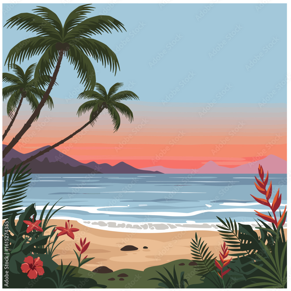 Fototapeta premium Vibrant Tropical Beach Sunset Landscape Illustration with Palm Trees and Exotic Flowers